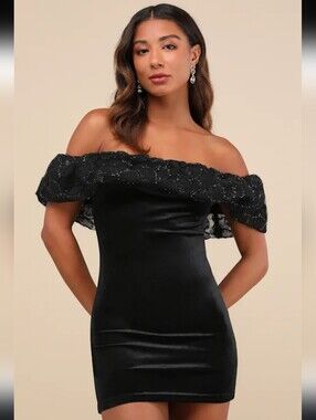 Lulu's Black Off-Shoulder Velvet Mini Dress with Lace Ruffle